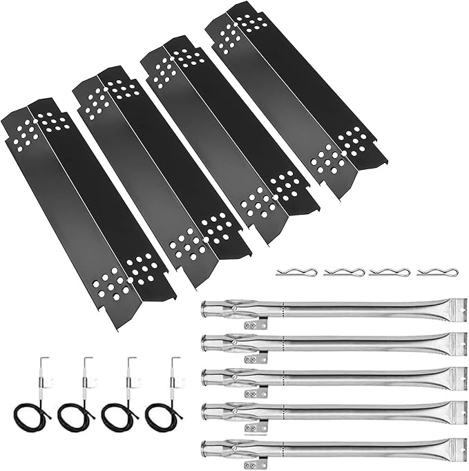 Set of 4 Grill Heat Plates and 4 Burner Tubes with Igniter Electrode Replacement Parts for Nexgrill 4 Burner 720-0830H 720-0783E 720-0958A Grill Replacement Parts for Nexgrill Gas Series