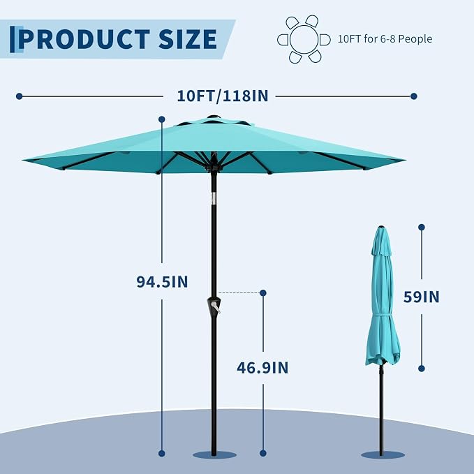 GarveeLife 10FT Umbrella Outdoor Patio, Pool Umbrella with Push Button Tilt and Crank, 8 Sturdy Ribs Waterproof UV Protection for Garden, Table, Backyard, Market | Table Umbrella Waterproof UV Protection for Garden, Pool, Deck, Backyard, Market (Sky Blue)