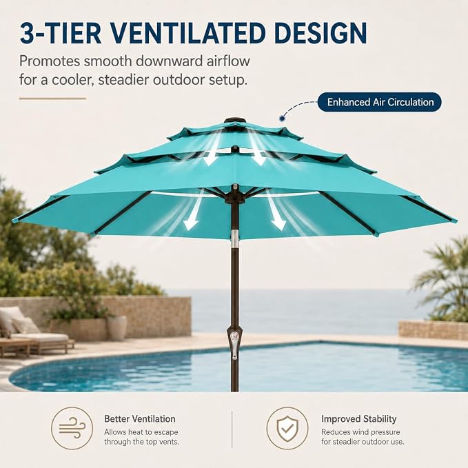 10ft Patio Umbrella, 3-Tier Vented Outdoor Table Umbrella with 8 Sturdy Fiberglass Ribs, Windproof Market Umbrella with Push Button Tilt and Crank, UV Protection for Deck, Pool, Turquoise Blue