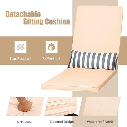 COSTWAY PE Rattan Chaise Lounge Chair, 6 Gear Adjustable Recliner with Armrest & Pillow, Wicker Outdoor Furniture for Deck, Patio (1, Beige)