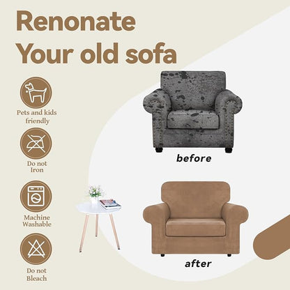 WEERRW Velvet Stretch 2 Pieces Chair Sofa Slipcovers Washable, Light Brown | Armchair Slipcovers Luxury Soft Velvet Plush Furniture Protector Couch Cover with Elastic Bottom for Kids Pets, Small