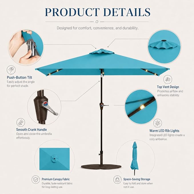 6.5 x 10ft Rectangular Patio Umbrella with Solar Lights, 16 LED Lighted Market Umbrella with Push-Button Tilt and Crank, 6 Sturdy Iron Ribs for Garden, Deck, Pool, Sky Blue
