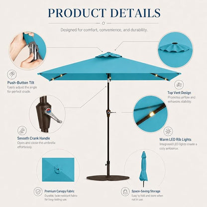 6.5 x 10ft Rectangular Patio Umbrella with Solar Lights, 16 LED Lighted Market Umbrella with Push-Button Tilt and Crank, 6 Sturdy Iron Ribs for Garden, Deck, Pool, Sky Blue