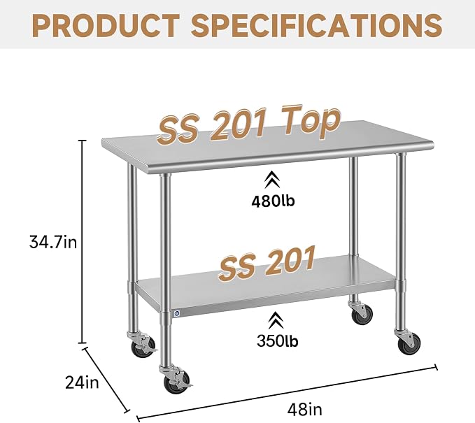 ROCKPOINT All Stainless Steel Prep Table with Caster 24x48 Inch, Commercial Heavy Duty Workbench with Stainless Legs & Adjustable Undershelf, 830 lb Capacity for Outdoor Kitchens with Wheel