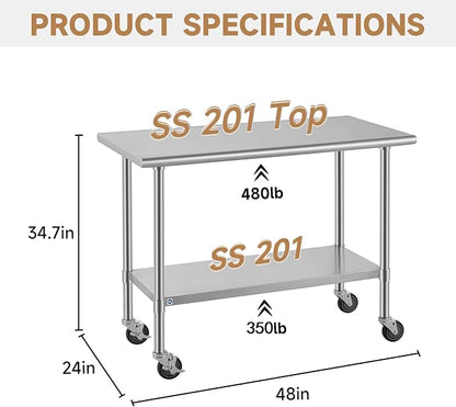 ROCKPOINT All Stainless Steel Prep Table with Caster 24x48 Inch, Commercial Heavy Duty Workbench with Stainless Legs & Adjustable Undershelf, 830 lb Capacity for Outdoor Kitchens with Wheel