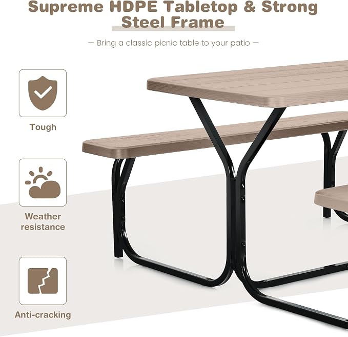 Metal Picnic Table with 2 Benches, Brown