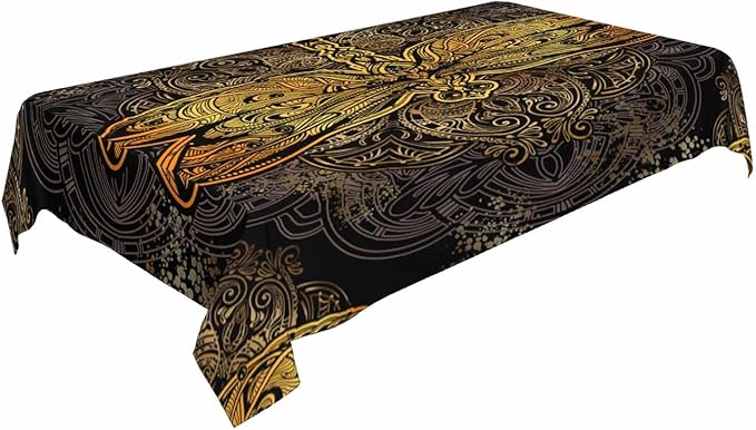 Golden Dragonfly Tablecloth 60x84 Inch Rectangular Vintage Boho Flower Textures Ornate Exquisite Wings Mystery Oblong Table Cloth Kitchen Table Decorations for Home Dinner Party