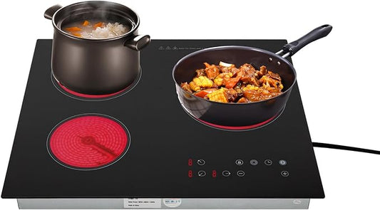 3 Burner Electric Cooktop 110v, 23 Inch Portable Stove Cooktop with LED Display, Child Safety Lock and Timer, 2600W 9 Power Level Electric Ceramic Built-in Stovetop, Hard Wire (No Plug)