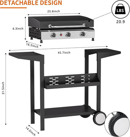 SKOK 3 Burners Outdoor Gas Griddle with Hood, Portable Flat Top Gas Grill-Table Top Propane Griddle Station with Side Shelves
