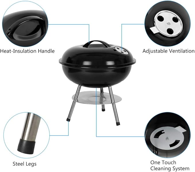 Charcoal Grill, 14-inch Outdoor Portable Charcoal Grill for Camping Patio Backyard Picnic (Black)