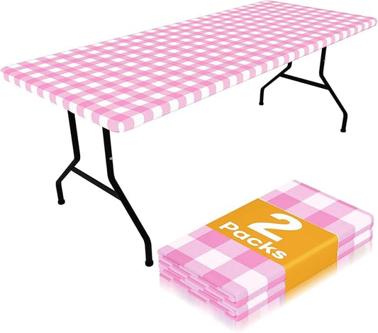 Smiry Picnic Table Cloth 2 Pack, Waterproof Elastic Fitted Tablecloths for 6FT Rectangle Tables, Washable Polyester Buffalo Plaid Tablecloth for Camping, Dining & Outdoor (Pink & White, 30" x 72")