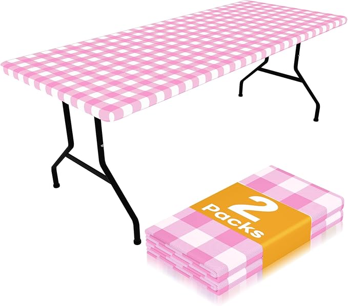 Smiry Picnic Table Cloth 2 Pack, Waterproof Elastic Fitted Tablecloths for 8FT Rectangle Tables, Washable Polyester Buffalo Plaid Tablecloth for Camping, Dining & Outdoor (Pink & White, 30" x 96")