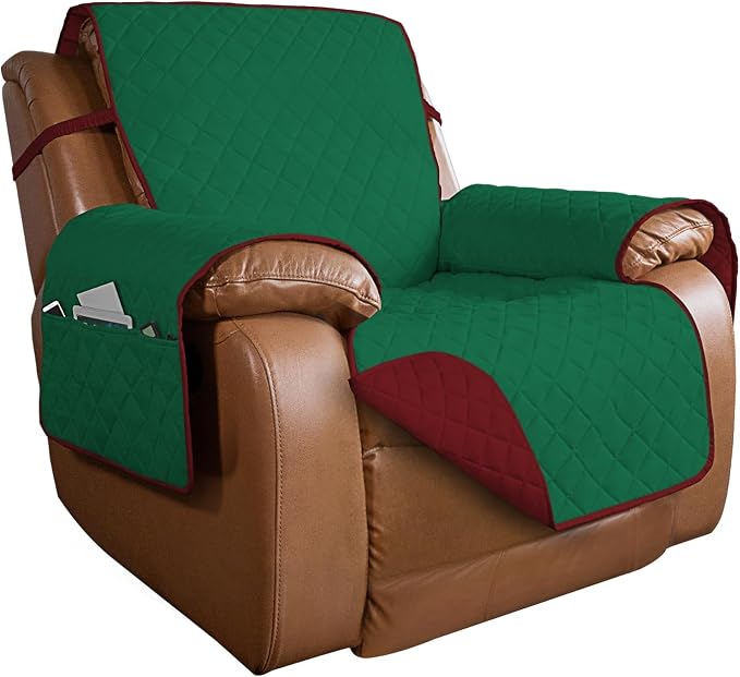 PureFit Reversible Recliner Chair Covers Couch Covers for Dogs, 28 in | Green/Red, Water Resistant Couch Protector, Washable Pet Couch Cover with Non Slip and Elastic Straps For Kids
