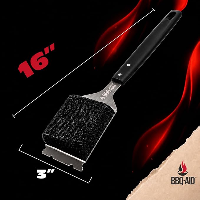 Bristle Free Grill Brush Cleaner and Scraper for Barbecue, Replaceable Head | Safe Bristle-Free Stainless Steel Scrub Pad with Heavy-Duty Scraper & Long Black Handle, Safe on Any Grill Grate