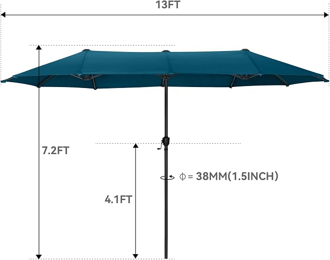 GREEN PARTY 13 ft Outdoor Patio Umbrella, Large Rectangular Table Umbrellas | Double-Sided, UV & Fade Resistant Canopy for Deck Poolside Garden Backyard, Market Umbrella with Crank & 1.5" Pole, Cerulean