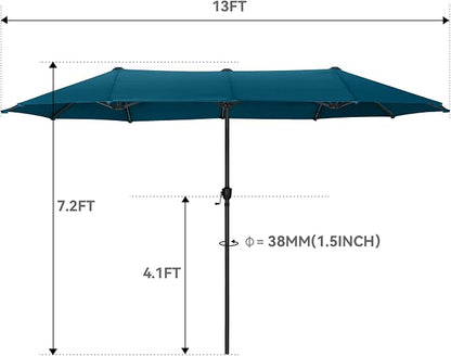 GREEN PARTY 13 ft Outdoor Patio Umbrella, Large Rectangular Table Umbrellas | Double-Sided, UV & Fade Resistant Canopy for Deck Poolside Garden Backyard, Market Umbrella with Crank & 1.5" Pole, Cerulean