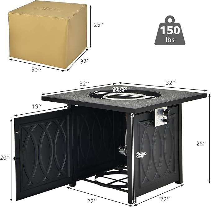 Tangkula 32 Inches Gas Fire Pit Table, 50,000 BTU Square Propane Firepit with High-Temp Resistant Tabletop, Adjustable Flame Lava Rocks and Waterproof Cover, Outdoor Fire Pit Table (Black)