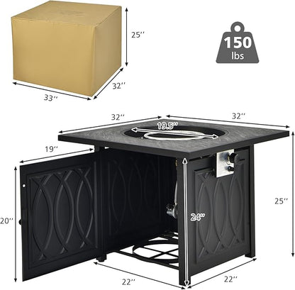 Tangkula 32 Inches Gas Fire Pit Table, 50,000 BTU Square Propane Firepit with High-Temp Resistant Tabletop, Adjustable Flame Lava Rocks and Waterproof Cover, Outdoor Fire Pit Table (Black)