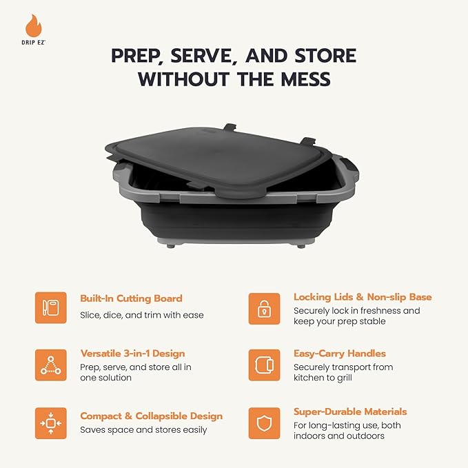Drip EZ Collapsible BBQ Prep Tub - for Meal Prep Marinating Food Storage - Includes Cutting Board & Locking Lid - (1) JR - Black
