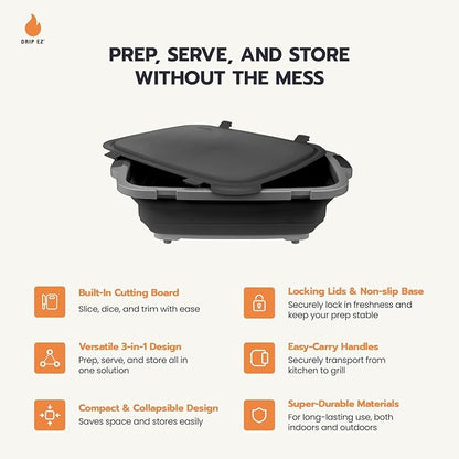 Drip EZ Collapsible BBQ Prep Tub - for Meal Prep Marinating Food Storage - Includes Cutting Board & Locking Lid - (1) JR - Black