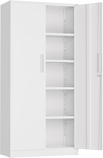 Incbruce 72” Metal Storage Cabinet, Locking Tall Steel Storage Cabinet with 2 Doors and 4 Adjustable Shelves for Garage, Home, Office (White)