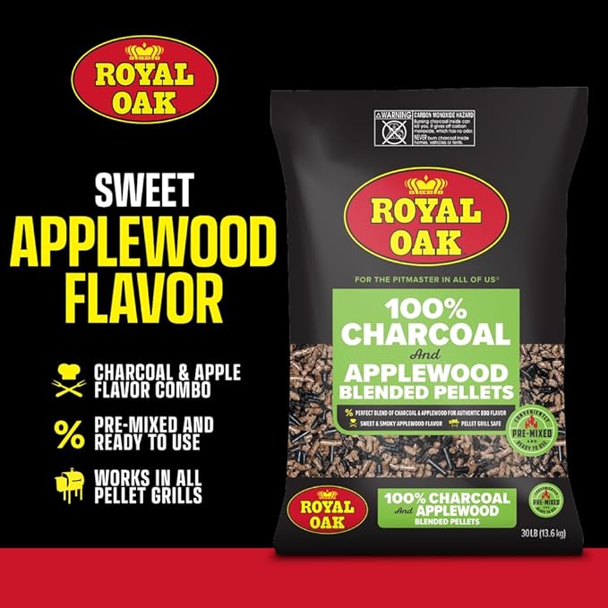 Royal Oak 100% Charcoal & Apple Blended Pellets for Pellet Grills and Smokers, Mild Sweet BBQ Flavor, 30 LB Bag