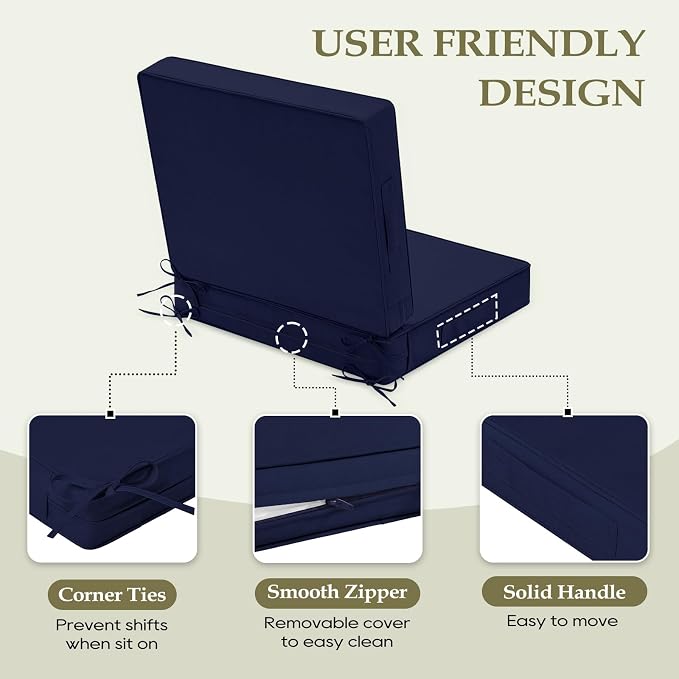 Wellsin Outdoor Deep Seat Patio Cushions, 24 x 24 Waterproof & 3-Year Fade Resistant Outdoor Cushions with Removable Covers,Ties and Handle for Chair, Sofa, Couch, Navy (Pack of 3)