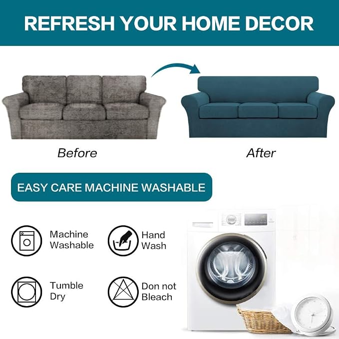 Turquoize 4 Piece Sofa Covers for 3 Cushion Couch Sofa Slipcover Soft Couch Cover for Dogs-Washable Sofa Furniture Covers with 3 Individual Cushion Covers, Jacquard Fabric (3 Cushion Sofa, Deep Teal)