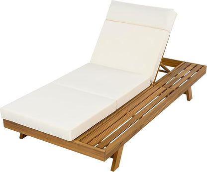 Christopher Knight Home Kayes Acacia Wood Chaise Lounge with 4'' Four-Folds Cushion, Outdoor 79'' Patio Recliner Chair with 4-Position Adjustable Backrest, Sun Lounger for Backyard, Teak+Beige