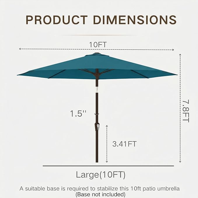 Kingdura 10FT Outdoor Patio Umbrella, Round Market Table Umbrella with Push‑Button Tilt and Crank Lift, 8 Sturdy Metal Ribs, UV50+ Protection Canopy for Backyard, Lawn, Deck, Poolside, Garden (Lake blue)