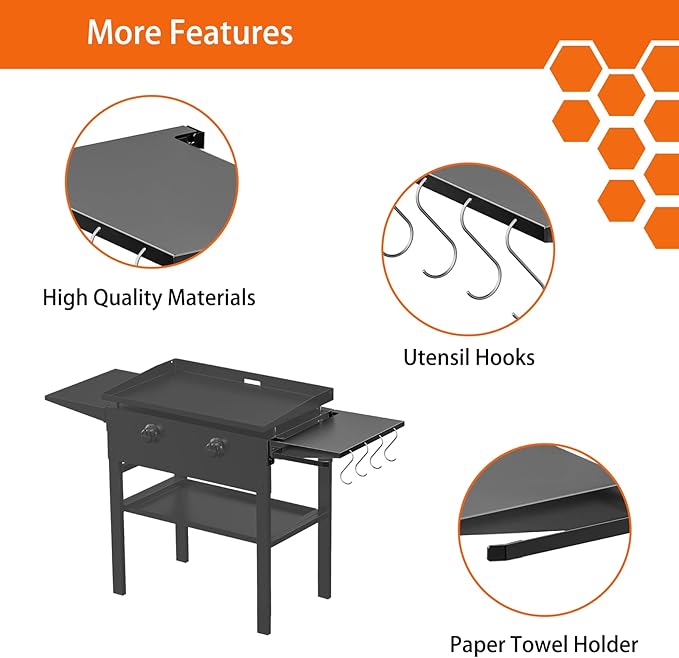 Foldable Griddle Side Shelf for Blackstone 28" Griddle, Grill Accessories with Paper Towel Holder, 4 Hooks, Grill Caddy Shelf for Blackstone Grilling Accessories
