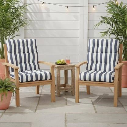 Outdoor Tufted High-Back Chair Cushions, One-Piece Hinged Seat and Back Design, Reversible with 4 Ties, Durable Polyester Fabric, Recycled Fiber Fill - Set of 2, Canopy Stripe Gray