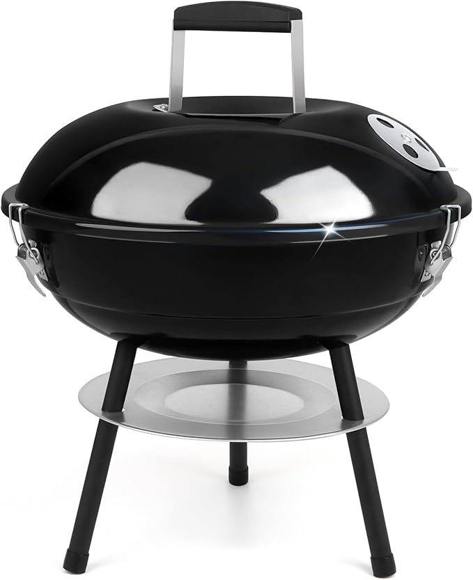 14 inch Charcoal Grill, Joyfair Small Portable BBQ Grill with Locking Lid for Outdoor Camping/Patio/Backyard Barbecue/Tabletop Cooking, Enamel Coated & Dual Vent System (Black)