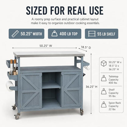 Outdoor Kitchen Island, 50.25" Rolling Grill Table with Storage Cabinet, 201 Stainless Steel Top Outdoor Bar Cart, Solid Fir Wood BBQ Prep Station with Adjustable Shelves, Spice Rack (Grey Blue)