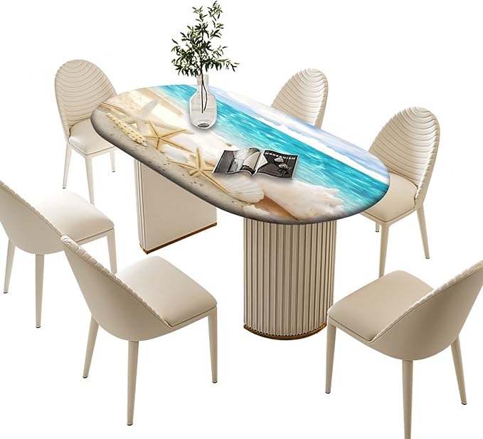 Oval Seashore with Shells Fitted Table Cover, Summer Sea Sun Beach Elastic Edged Polyester Waterproof Table Cover, for Indoor Restaurant or Outdoor Patio Party Dining, Fits Tables up to 42" W x 60" L