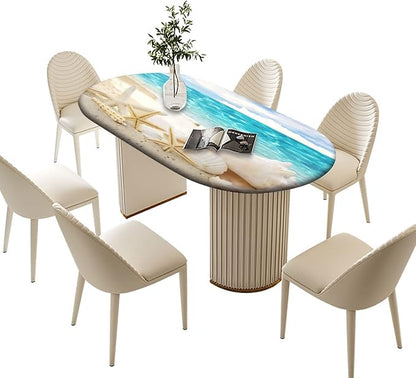Oval Seashore with Shells Fitted Table Cover, Summer Sea Sun Beach Elastic Edged Polyester Waterproof Table Cover, for Indoor Restaurant or Outdoor Patio Party Dining, Fits Tables up to 42" W x 60" L