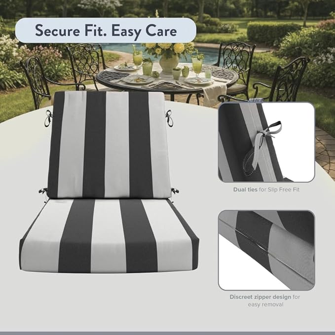 California Umbrella Outdoor Dining Chair, Set of 2 Patio Seat Cushions, 20 x 40 Inch, Premium Outdoor Memory Foam, Fade Resistant, Sunbrella Fabric, Fabric Ties, Cabana Classic