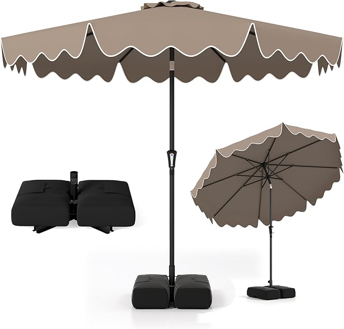 Tangkula 9 FT Patio Umbrella with Base Included, 2-Tiers Outdoor Scalloped Table Umbrella with 2 Sandbags, Tilt Adjustment, Crank, 8 Ribs for Market Backyard Pool Deck Beach Lawn
