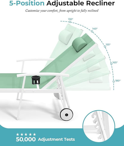 Ciokea Outdoor Lounge Chair with Pillow, 5-Position Aluminum Chaise Lounge with Wheels & Armrests, 400 lbs Heavy Duty Patio Pool Chair for Deck, Backyard, Beach & Poolside, Light Green