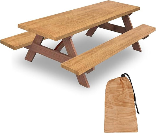 6ft 72in Picnic Table and Bench Cover, 3 Pack, Wood Grain | Drawstring Bag, Waterproof Windproof, Elastic Fitted Edges Tablecloth, for Rectangle Table & Seat, Camping Essentials RV Gear