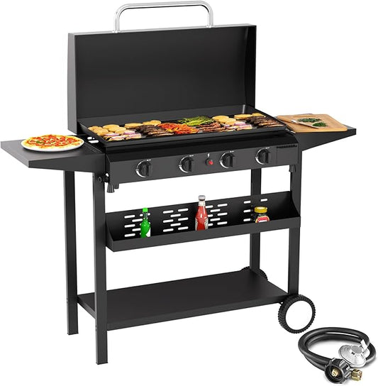 SKOK 4 Burner Gas Griddle With Hood-30 Inch Outdoor Propane Griddle-Portable Flat Top Gas Grill Camping Griddle Station with Side Shelves for Kitchen, BBQ, Camping Tailgating