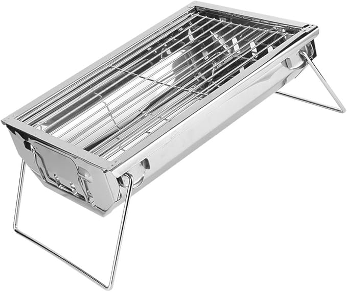 Folding Charcoal Grill Stainless Steel BBQ Tool for BBQs, Picnics, and Camping, Easy to Assemble and Clean, Outdoor Cooking Grill for Burgers, Fish, 13.1x8.9x3.1in, Silver