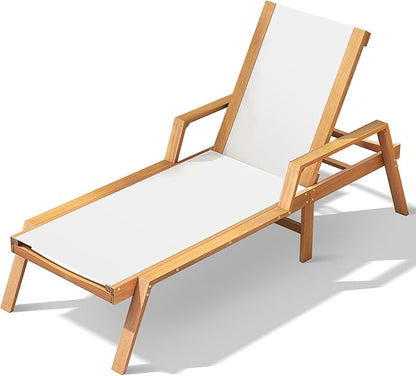 Tangkula Wood Chaise Lounge Chair Outdoor, Patio Sun Lounger with Adjustable Back, Acacia Wood Lounge Chair with Breathable Fabric for Poolside Lawn Backyard