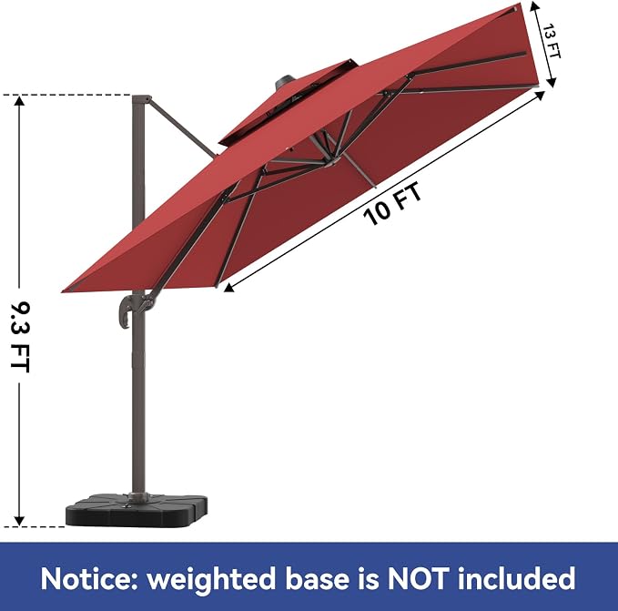 10x13FT Cantilever Outdoor Patio Umbrellas，Double Top Large Rectangle Umbrella Heavy Duty 360°Rotation Offset Outdoor Sun Shade Umbrella for Garden Deck Pool Backyard Patio, Red