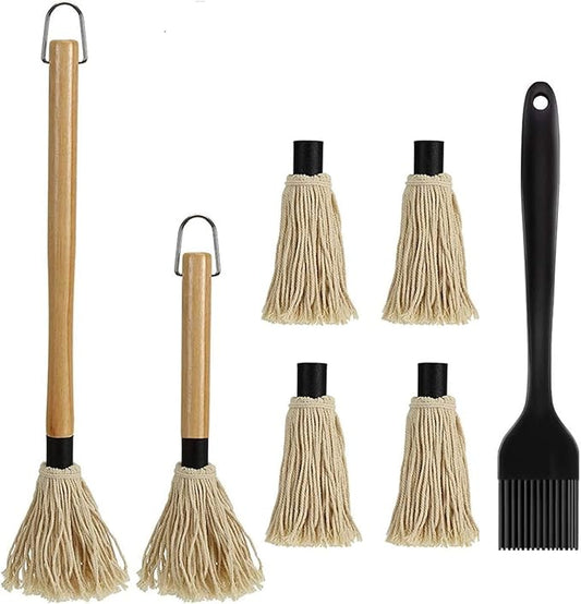 Basting Mops Brush Set for BBQ Grilling 15.5" & 11.2" - Detachable Wooden Handle Sauce Brushes with 4pcs Extra Replacement Heads & 1 Silicone Brush - BBQ Mop for Outdoor Cooking, Camping