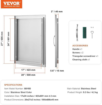 VEVOR BBQ Access Door, 27H x 20W Inch Stainless Steel Flush Mount Vertical Door with Handle for BBQ Island, Grilling Station