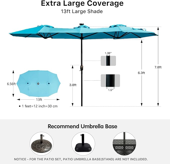 FREE SOLDIER 13ft Patio Umbrella with 36 LED Solar Lights Double Sided Outdoor Umbrella for Patio Table Umbrella with Solar lights for Garden Yard Pool (Turquoise)