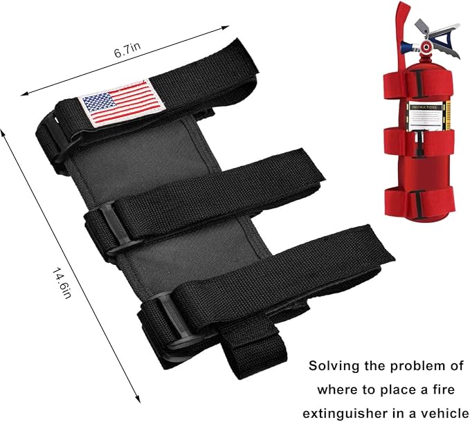 Ohleats Roll Bar Fire Extinguisher Holder, Adjustable Fire Extinguisher Mount Strap with American Flag Pattern, Car Accessories Fixed Belt for Wrangler JK JKU TJ CJ Gladiator (Black)