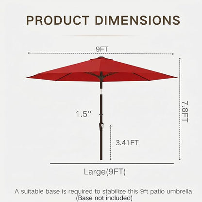 Kingdura 9FT Outdoor Patio Umbrella, Round Market Table Umbrella with Push‑Button Tilt and Crank Lift, 8 Sturdy Metal Ribs, UV50+ Protection Canopy for Backyard, Lawn, Deck, Poolside, Garden (Red)