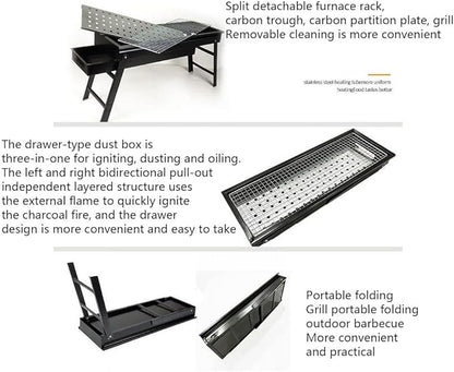 Portable BBQ Grill Folding Charcoal Barbecues Grill Stainless Steel BBQ Camping Grill for Outdoor Barbecue Lovers Picnics Park Beach Party for 3-5 People 60 x 22 x 33 cm (Size : D)